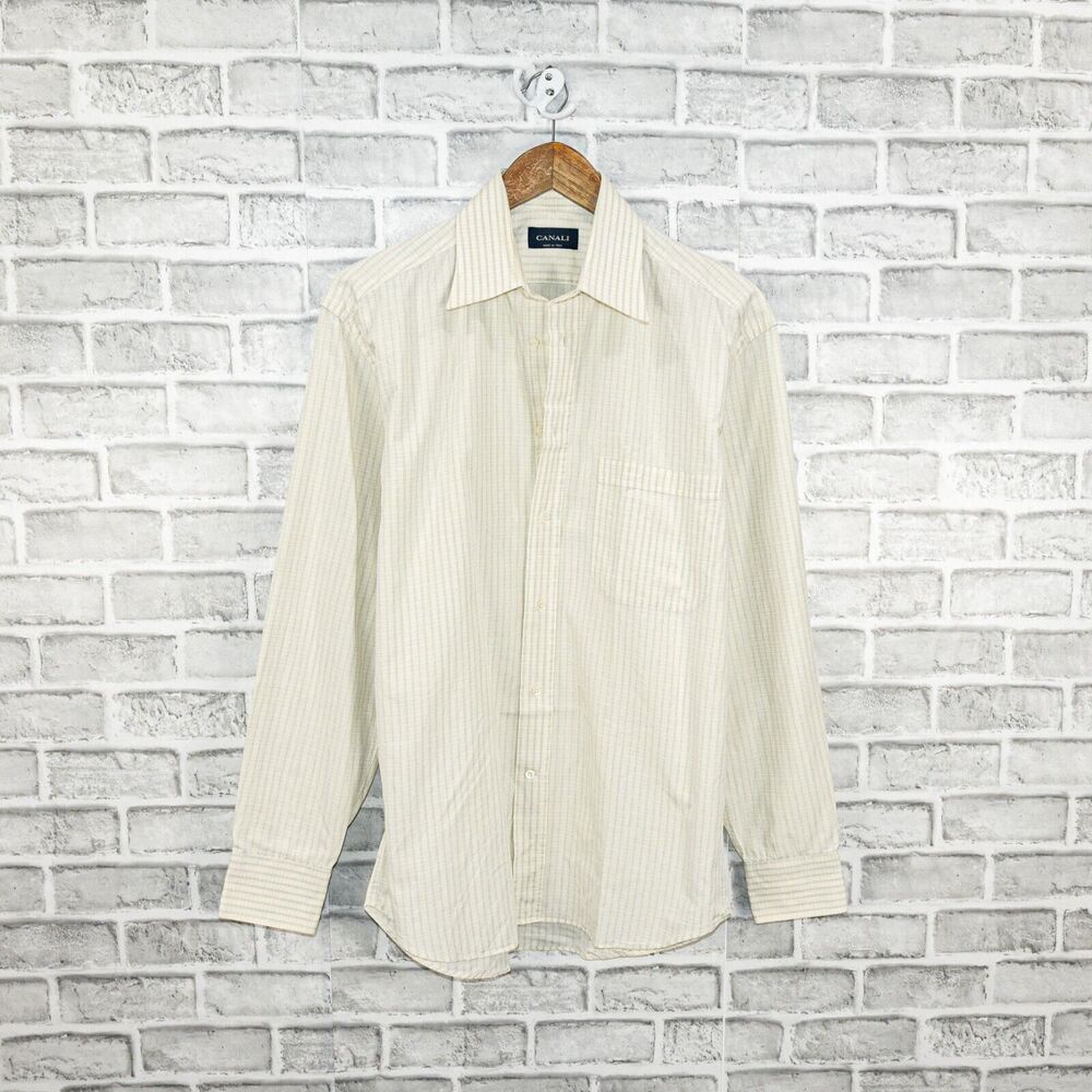 CANALI Men's Long Sleeve Button Down Dress Shirt light Beige striped sz 15 1/2
